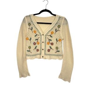 Floral Embroidered Knit Cardigan Sweater Women’s Medium Cottagecore Twee Boho